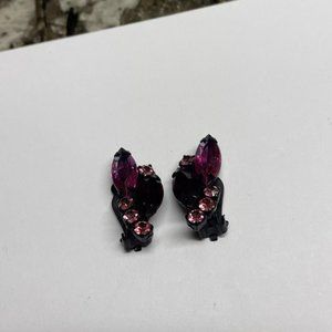 Women's Clip On Clip-on Earrings Black And Prong Set Pink Rhinestones